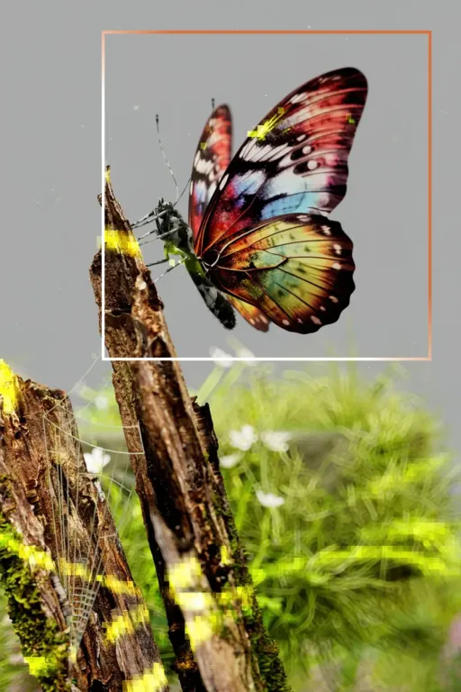 A butterfly highlighted within a sharp square frame against a blurred background, representing clear brand focus.